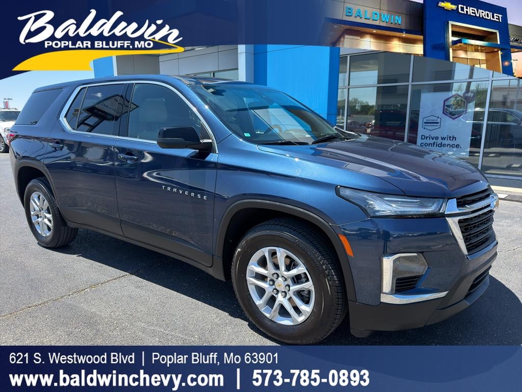 2023 Chevrolet Traverse LS in Northsky Blue Metallic — front three-quarter view
